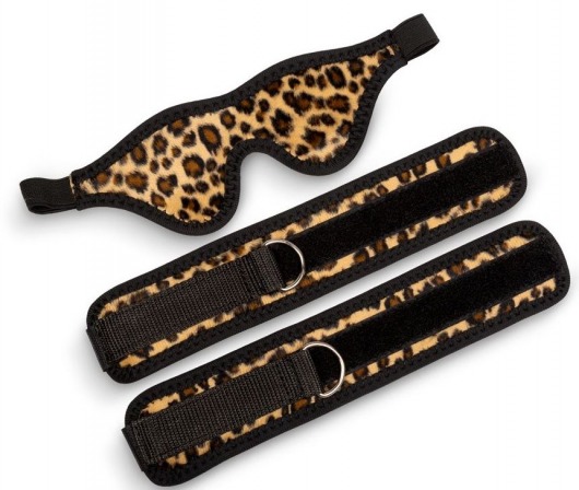 Черно-леопардовый комплект: наручники на липучке и маска без прорезей - Пикантные штучки - купить с доставкой в Екатеринбурге