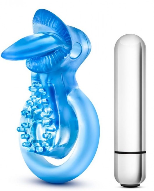 Голубое эрекционное виброкольцо 10 Function Vibrating Tongue Ring - Blush Novelties - в Екатеринбурге купить с доставкой