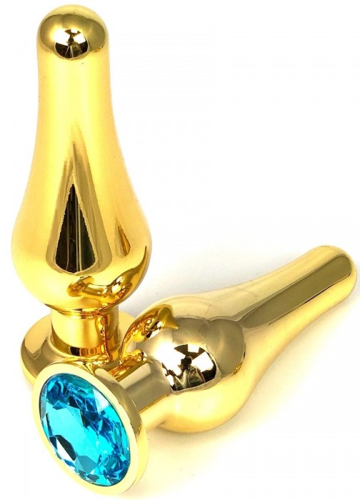 Золотистая удлиненная анальная пробка с голубым кристаллом - 11,5 см. - Vandersex - купить с доставкой в Екатеринбурге