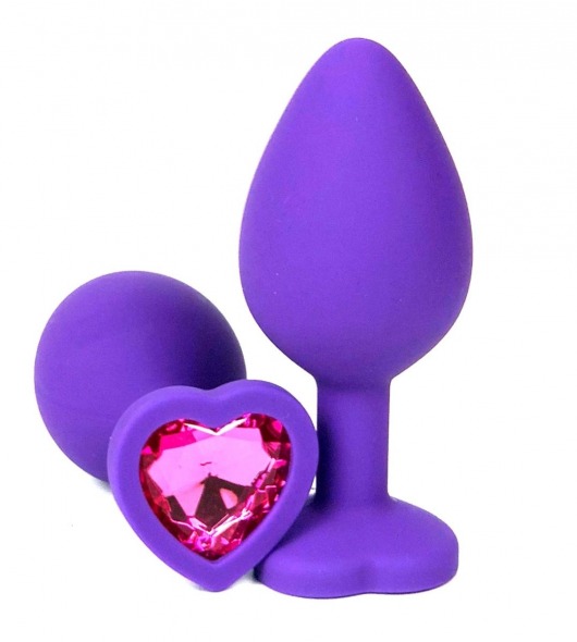 Фиолетовая силиконовая анальная пробка с розовым стразом-сердцем - 7 см. - Vandersex - купить с доставкой в Екатеринбурге