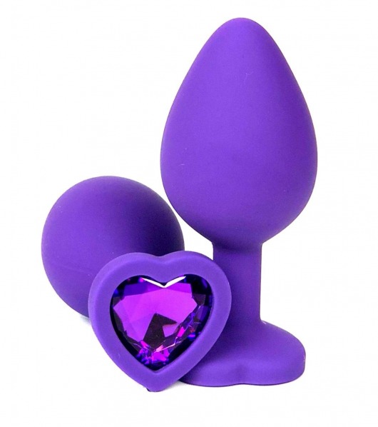 Фиолетовая силиконовая анальная пробка с фиолетовым стразом-сердцем - 8 см. - Vandersex - купить с доставкой в Екатеринбурге