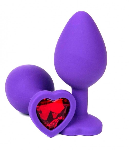 Фиолетовая силиконовая анальная пробка с красным стразом-сердцем - 8,5 см. - Vandersex - купить с доставкой в Екатеринбурге