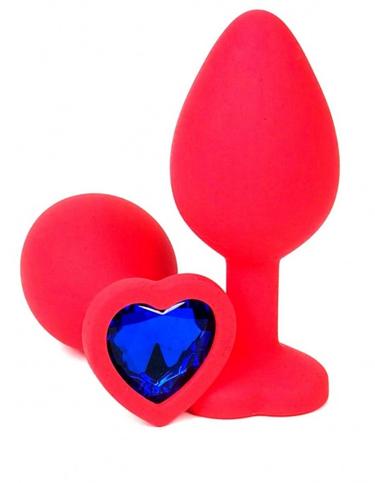Красная силиконовая анальная пробка с синим стразом-сердцем - 8,5 см. - Vandersex - купить с доставкой в Екатеринбурге