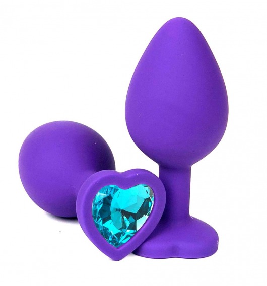 Фиолетовая силиконовая анальная пробка с голубым стразом-сердцем - 8,5 см. - Vandersex - купить с доставкой в Екатеринбурге