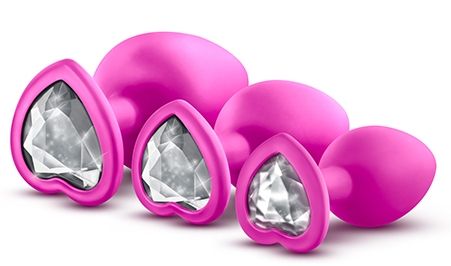 Набор розовых анальных пробок с прозрачным кристаллом-сердечком Bling Plugs Training Kit - Blush Novelties - купить с доставкой в Екатеринбурге