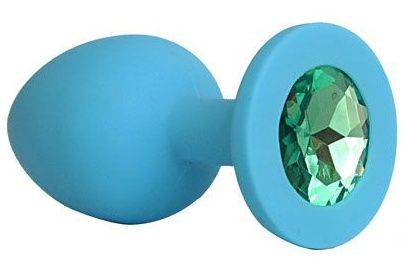 Голубая силиконовая анальная пробка с зеленым кристаллом - 9,5 см. - Bior toys - купить с доставкой в Екатеринбурге