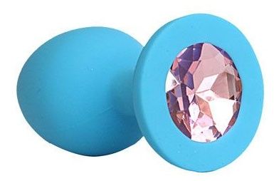 Голубая силиконовая анальная пробка с нежно-розовым кристаллом - 9,5 см. - Bior toys - купить с доставкой в Екатеринбурге