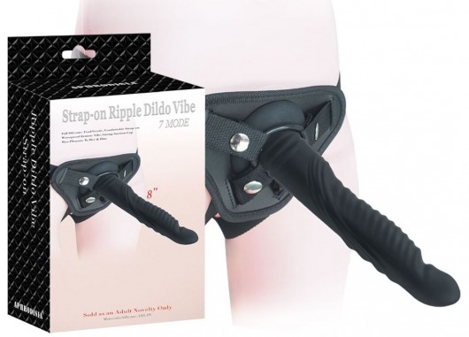 Черный страпон 8 inch Strap-on Ripple Dildo Vibe - 21 см. - Howells - купить с доставкой в Екатеринбурге