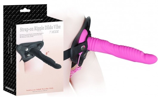Розовый страпон 8 inch Strap-on Ripple Dildo Vibe - 21 см. - Howells - купить с доставкой в Екатеринбурге