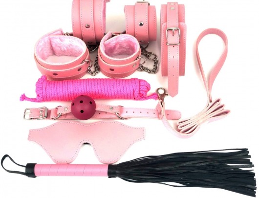 Набор БДСМ в розовом цвете: наручники, поножи, кляп, ошейник с поводком, маска, веревка, плеть - Vandersex - купить с доставкой в Екатеринбурге