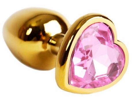 Золотистая анальная пробка с нежно-розовым кристаллом в форме сердца - 6 см. - Kanikule - купить с доставкой в Екатеринбурге