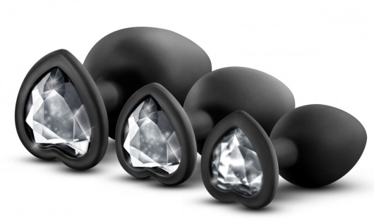 Набор из 3 черных пробок с прозрачным кристаллом-сердечком Bling Plugs Training Kit - Blush Novelties - купить с доставкой в Екатеринбурге