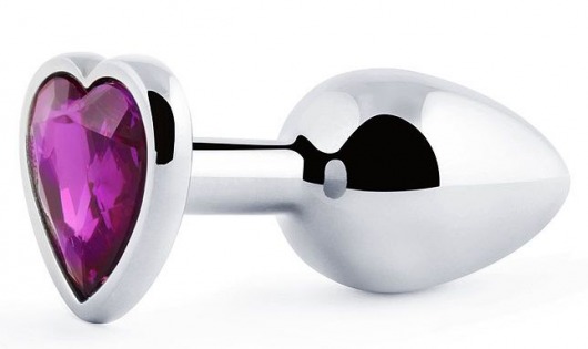 Серебристая анальная пробка с фиолетовым кристаллом-сердечком - 8 см. - Anal Jewelry Plug - купить с доставкой в Екатеринбурге