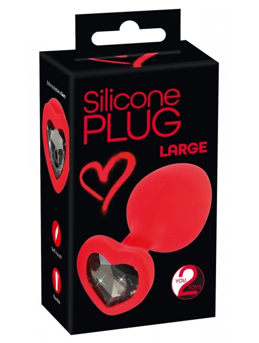 Красная силиконовая анальная пробка с черным стразом-сердечком - 9,3 см. - Orion - купить с доставкой в Екатеринбурге