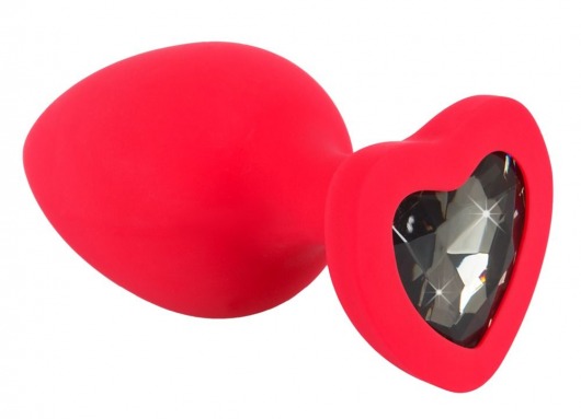 Красная силиконовая анальная пробка с черным стразом-сердечком - 9,3 см. - Orion - купить с доставкой в Екатеринбурге