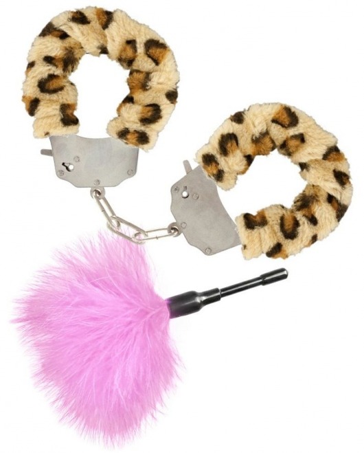 Эротический набор: леопардовые наручники и розовая пуховка - Toy Joy - купить с доставкой в Екатеринбурге