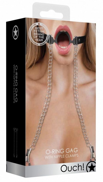Черный кляп-кольцо с зажимами для сосков O-Ring Gag With Nipple Clamps - Shots Media BV - купить с доставкой в Екатеринбурге