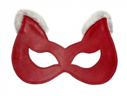 Красная маска из натуральной кожи с белым мехом на ушках - БДСМ Арсенал - купить с доставкой в Екатеринбурге