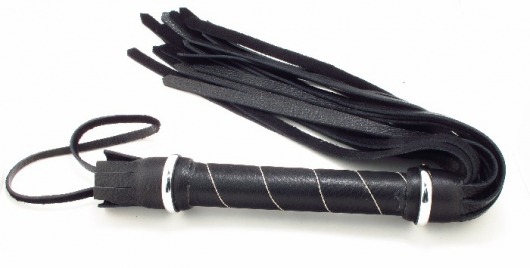 Чёрная кожаная плётка с белой строчкой на рукояти - БДСМ Арсенал - купить с доставкой в Екатеринбурге