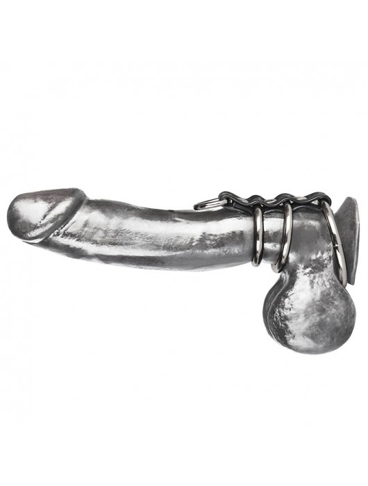 Хомут на пенис из трех металлических колец и кольца для привязи 3 RING GATES OF HELL - BlueLine - купить с доставкой в Екатеринбурге