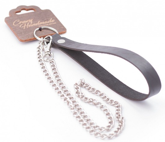 Серебристый металлический поводок с кожаной черной ручкой - 80 см. - Crazy Handmade - купить с доставкой в Екатеринбурге