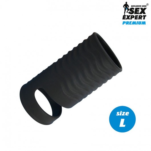 Черная открытая насадка на пенис с кольцом для мошонки L-size - 8,5 см. - Sex Expert - в Екатеринбурге купить с доставкой
