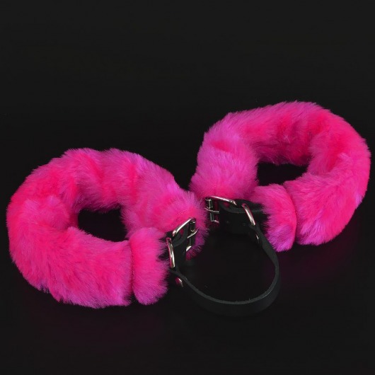 Черные кожаные оковы со съемной ярко-розовой опушкой - Sitabella - купить с доставкой в Екатеринбурге