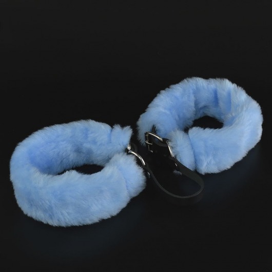 Черные кожаные оковы со съемной голубой опушкой - Sitabella - купить с доставкой в Екатеринбурге