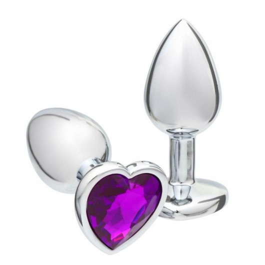 Серебристая анальная пробка с фиолетовым кристаллом в форме сердца - 7 см. - Сима-Ленд