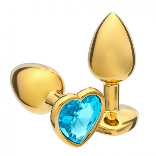 Золотистая анальная пробка с голубым кристаллом в форме сердца - 7 см. - Сима-Ленд