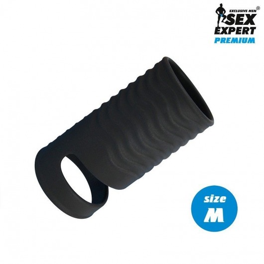 Черная открытая насадка на пенис с кольцом для мошонки size M - 7,9 см. - Sex Expert - в Екатеринбурге купить с доставкой