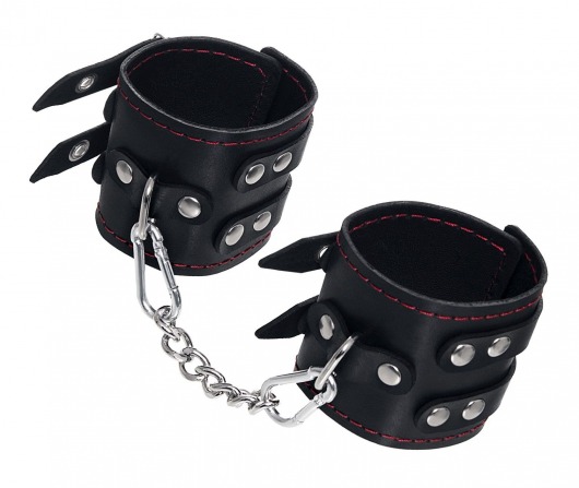 Черные кожаные наручники с двумя ремнями и контрастной строчкой - Pecado - купить с доставкой в Екатеринбурге