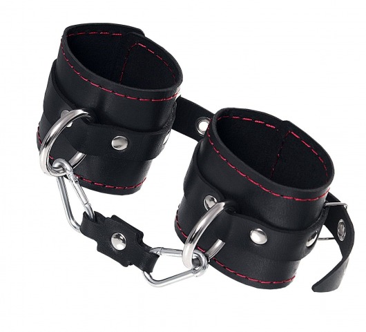 Черные кожаные однослойные наручники с контрастной строчкой - Pecado - купить с доставкой в Екатеринбурге