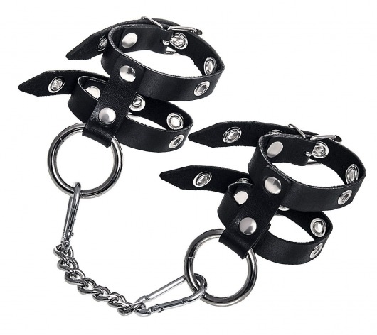 Черные однослойные кожаные наручники из двух ремешков - Pecado - купить с доставкой в Екатеринбурге