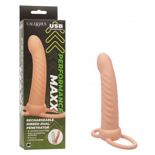 Телесная насадка для двойного проникновения Rechargeable Ribbed Dual Penetrator с вибрацией - California Exotic Novelties - купить с доставкой в Екатеринбурге
