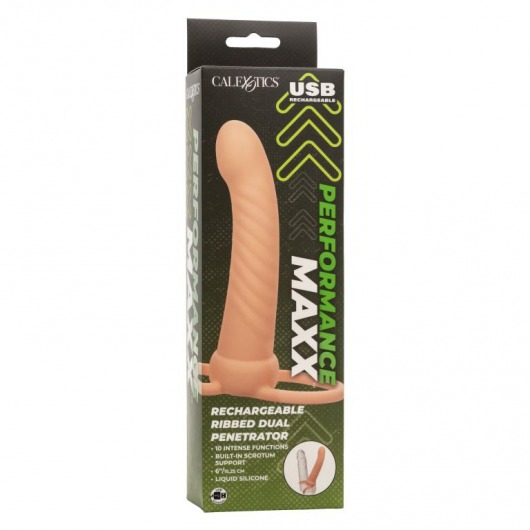 Телесная насадка для двойного проникновения Rechargeable Ribbed Dual Penetrator с вибрацией - California Exotic Novelties - купить с доставкой в Екатеринбурге