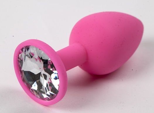 Розовая силиконовая анальная пробка с прозрачным стразом - 7,1 см. - 4sexdreaM - купить с доставкой в Екатеринбурге