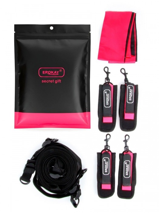 Черно-розовый эротический набор: фиксатор, оковы, наручники, повязка - Erokay - купить с доставкой в Екатеринбурге