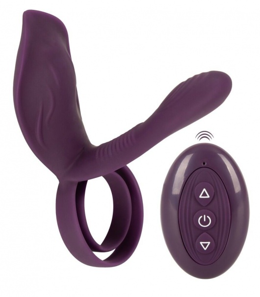 Фиолетовая насадка на член с клиторальным отростком и пультом ДУ RC Couple’s Vibrator 2 - Orion - в Екатеринбурге купить с доставкой