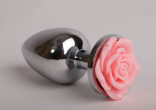 Серебристая анальная пробка со светло-розовой розочкой - 7,6 см. - 4sexdreaM - купить с доставкой в Екатеринбурге