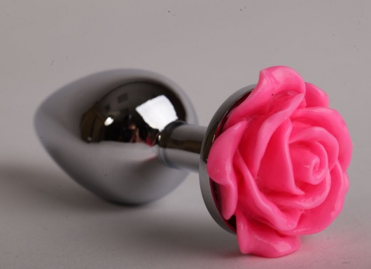 Серебристая анальная пробка с розовой розочкой - 9,5 см. - 4sexdreaM - купить с доставкой в Екатеринбурге