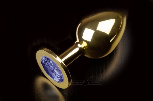 Большая золотая анальная пробка с закругленным кончиком и синим кристаллом - 9 см. - Пикантные штучки - купить с доставкой в Екатеринбурге