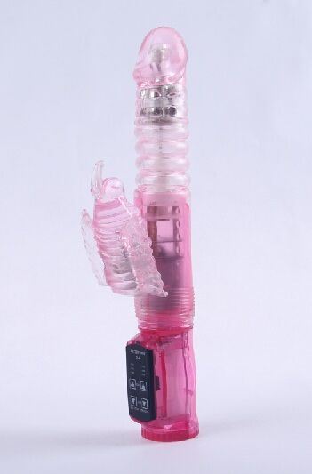 Розовый вибратор с ротацией, функцией Up Down и клиторальным отростком - 23,5 см. - White Label
