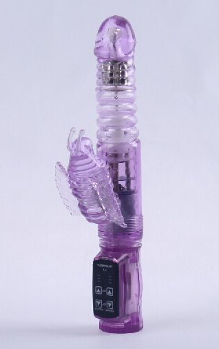 Фиолетовый вибратор с ротацией, функцией Up Down и клиторальной бабочкой - 23,5 см. - White Label