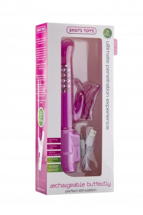 Розовый перезаряжаемый вибратор Rechargeable Butterfly с клиторальной бабочкой - 22,8 см. - Shots Media BV