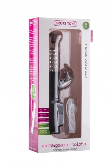 Чёрный перезаряжаемый вибратор Rechargeable Dolphin с дельфинчиком - 22 см. - Shots Media BV