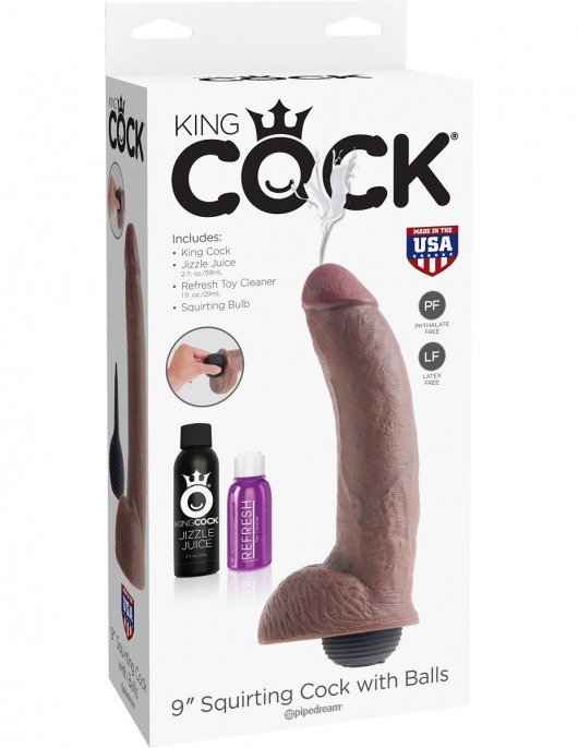 Коричневый фаллоимитатор с эффектом семяизвержения Squirting Cock with Balls - 22,9 см. - Pipedream
