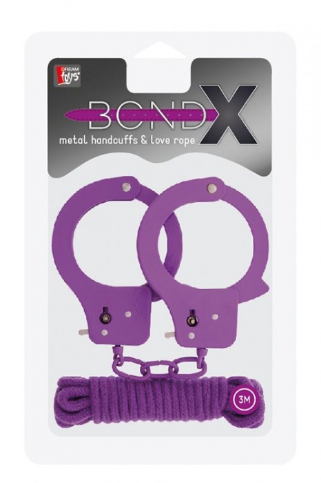 Фиолетовые наручники из листового металла в комплекте с веревкой BONDX METAL CUFFS LOVE ROPE SET - Dream Toys - купить с доставкой в Екатеринбурге