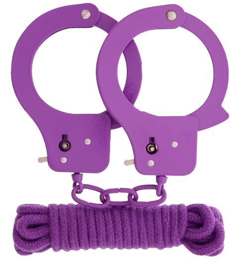 Фиолетовые наручники из листового металла в комплекте с веревкой BONDX METAL CUFFS LOVE ROPE SET - Dream Toys - купить с доставкой в Екатеринбурге