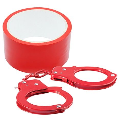 Набор для фиксации BONDX METAL CUFFS AND RIBBON: красные наручники из листового материала и липкая лента - Dream Toys - купить с доставкой в Екатеринбурге